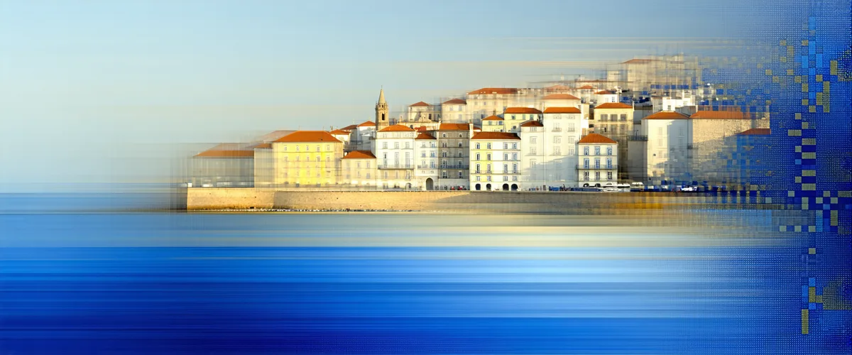 Abstract architectural concept evoking Lisbon's distinctive architecture with golden light and blue sky